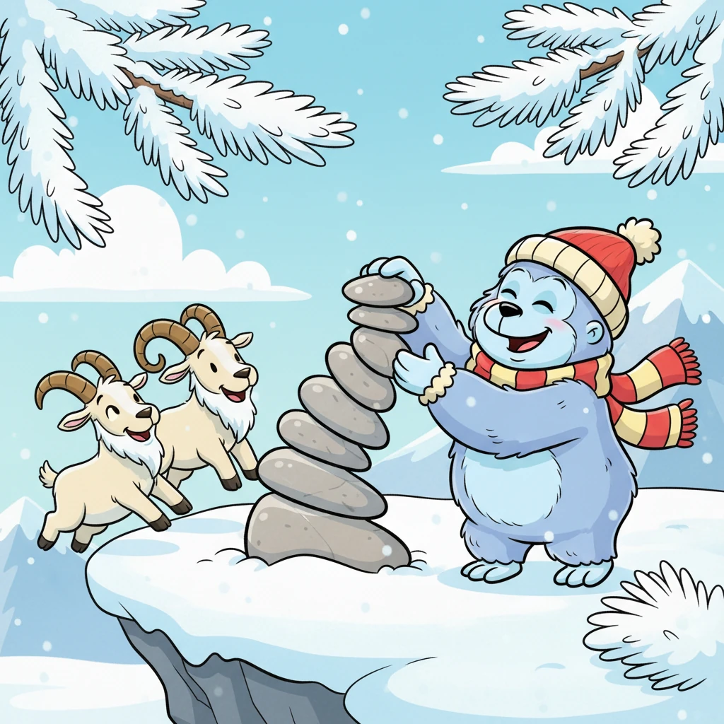 A playful tableau unfolds as Bo interacts with his mountain friends; a couple of cartoon mountain goats hop nearby, their expressions friendly. Bo stacks smooth, rounded stones into a silly, leaning sculpture, while fluffy pine branches sway gently. His cheeks are rosy as he hums a happy, silly tune in the chilly breeze.