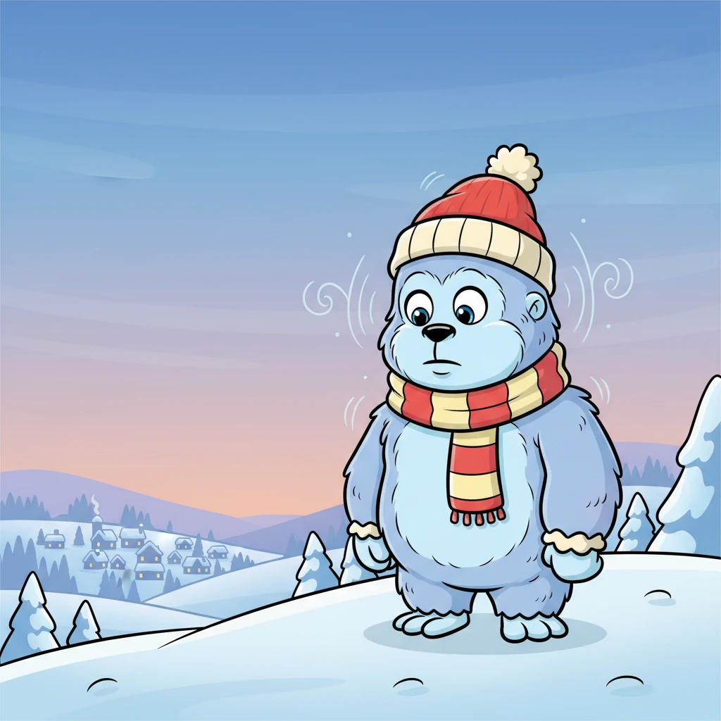 Distant village silhouettes, tiny and peaceful, are visible far below in the valley, dotted with faint, warm lights. Faint, ethereal speech-bubble-like whisper swirls travel on the crisp wind over the valley, reaching Bo in the foreground. His posture is slightly drooped, his expressive face showing a touch of loneliness rather than fear, as he hears the "scary Yeti" rumors.