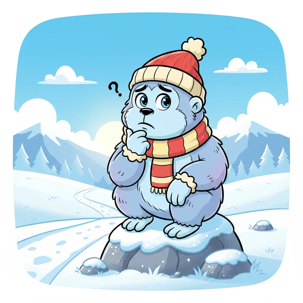 Bo sits on a smooth, snow-dusted rock, scratching his chin thoughtfully, his soft eyebrows knit together in gentle confusion. A small, empty path leads invitingly toward the distant valley, emphasizing his isolation. The mood is one of quiet contemplation, without any hint of menace, just a longing for connection.