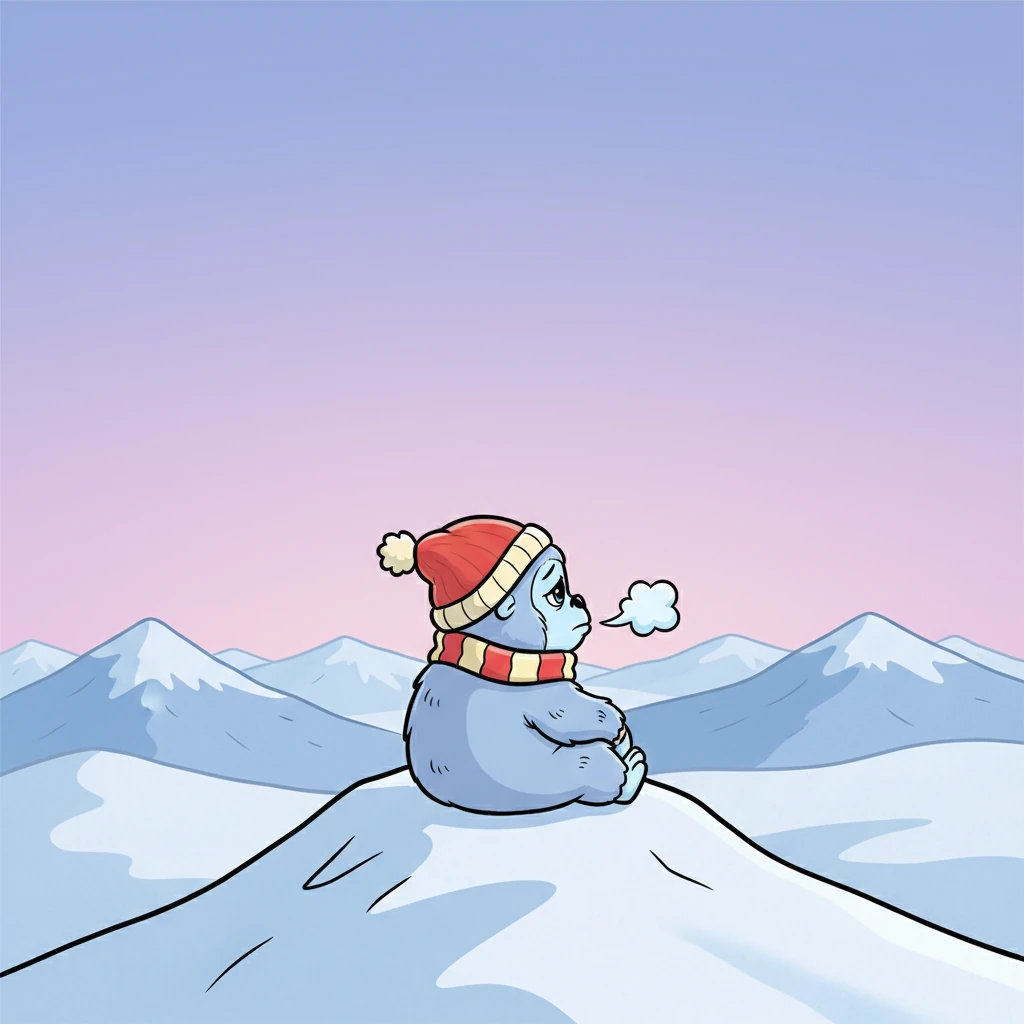 Bo sits patiently on a snow-covered peak, his exaggerated form outlined softly against the lavender and icy blue sky. He gazes out over the vast, empty landscape, his big, gentle eyes reflecting a deep longing for companionship. A soft sigh escapes his fluffy, blue-tinted form, emphasizing his quiet wish for a friend.