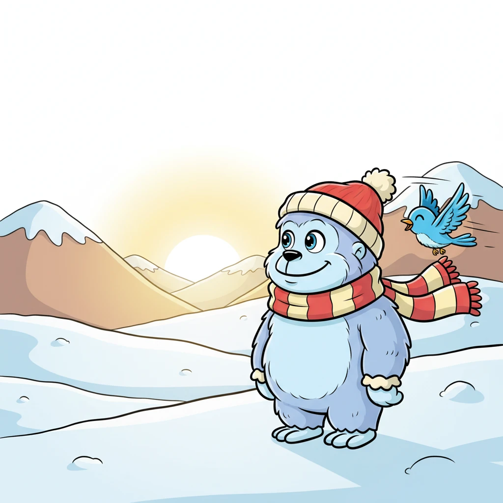 Bo looks towards the distant valley, where a faint, warm glow of golden sunrise begins to paint the rounded mountain peaks. A small, vibrant blue bird flits playfully past him, a cheerful spark of color against the soft white snow. A hopeful, soft smile spreads across Bo's expressive face, his spirit lifting with a new sense of possibility.