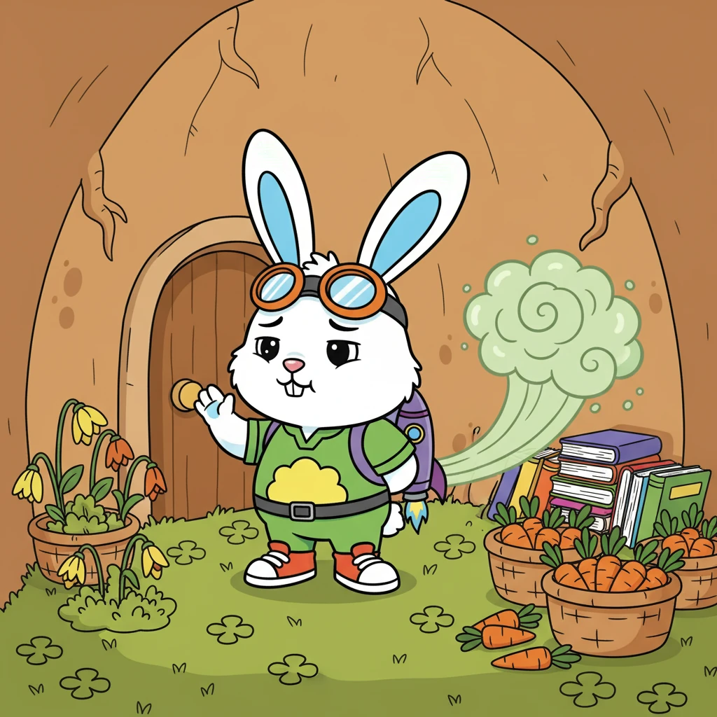 Danny the bunny lived in a cozy burrow filled with carrots and clover. Danny was a happy bunny, but he had a secret: he farted, and they were quite loud! Sometimes, they even made the flowers wilt. He felt embarrassed and tried to hide it from everyone.