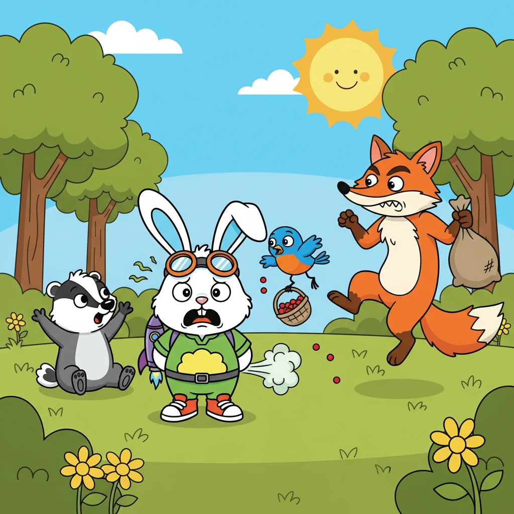 One sunny morning, Danny was playing with his friends, Rosie the robin and Barnaby the badger. Suddenly, a grumpy fox appeared, looking to steal their berries. Danny, feeling scared, accidentally let out a big, loud fart that startled the fox.