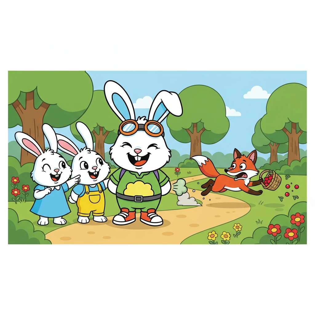 The fox, surprised by the noise, jumped back and ran away, dropping the berries in his haste. Rosie and Barnaby looked at Danny, then burst out laughing. They realized Danny's farts could be helpful, not just embarrassing.