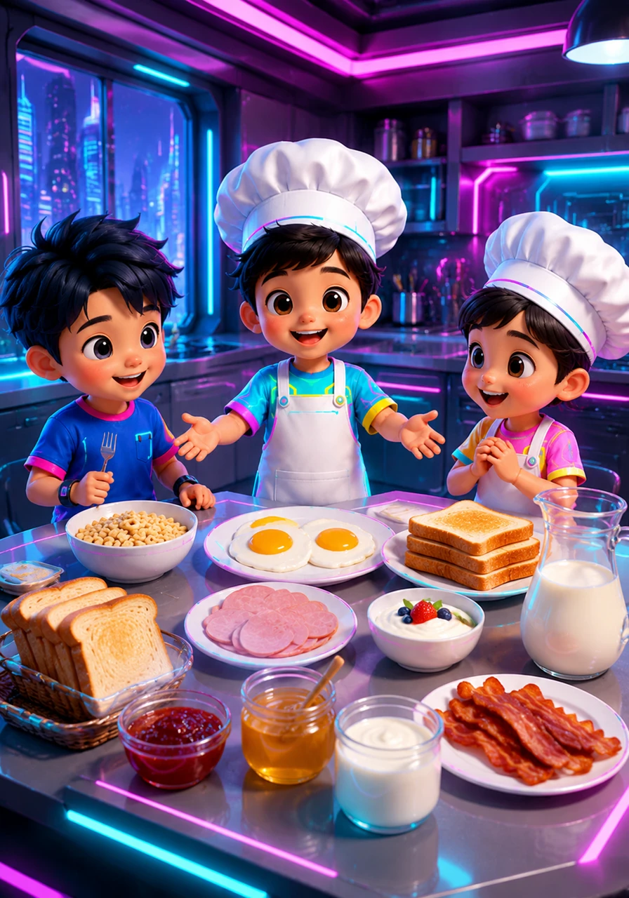 早餐时间到了，餐桌上摆好了营养的 Egg (鸡蛋) 和 Milk (牛奶)，还有 Bread (面包), Cereal (麦片), Toast (吐司), Jam (果酱), Honey (蜂蜜), Yogurt (酸奶), Ham (火腿) 和 Bacon (培根)。