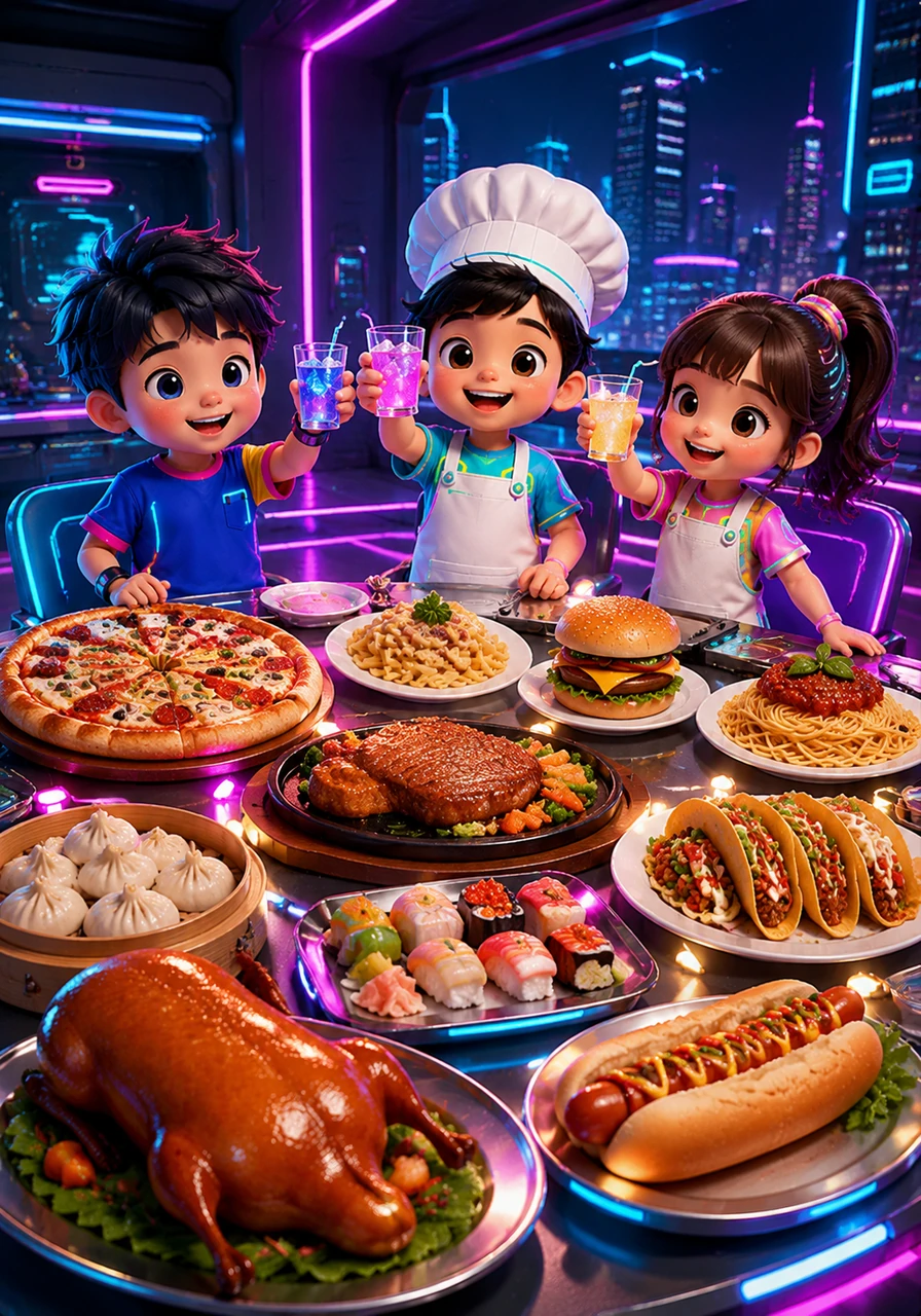 热闹的晚餐派对开始啦，主食是美味的 Pizza (披萨) 和 Burger (汉堡)，还有 Pasta (意面), Steak (牛排), Spaghetti (意大利粉), Dumpling (饺子), Taco (塔可), Sushi (寿司), Hot Dog (热狗) 和 Roast Duck (烤鸭)。