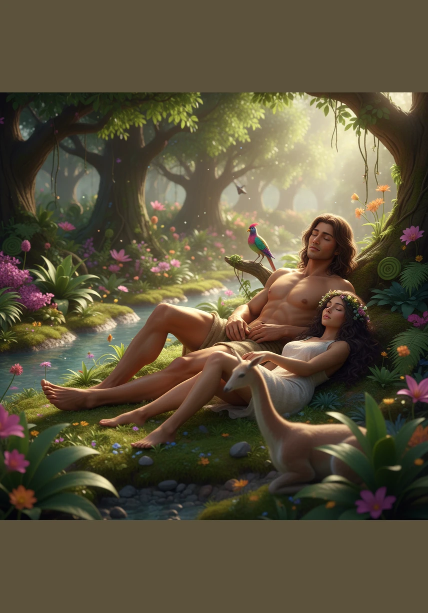 In a world of shimmering light and vibrant colors, the first man, Adam, awakens in the heart of a lush paradise called Eden. The air is sweet with the scent of blooming flowers, and crystal-clear rivers flow gently through the verdant landscape. He stands tall, marveling at the beauty of a world newly formed and full of wonder.