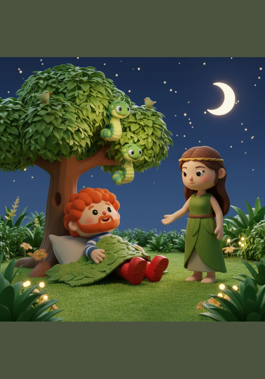 While the garden is full of life, Adam feels a quiet longing for a companion who can share his thoughts and feelings. As he sleeps deeply under a canopy of stars, a partner is created to stand by his side. When he wakes, he finds Eve, a woman of grace and wisdom, and his heart is finally complete.