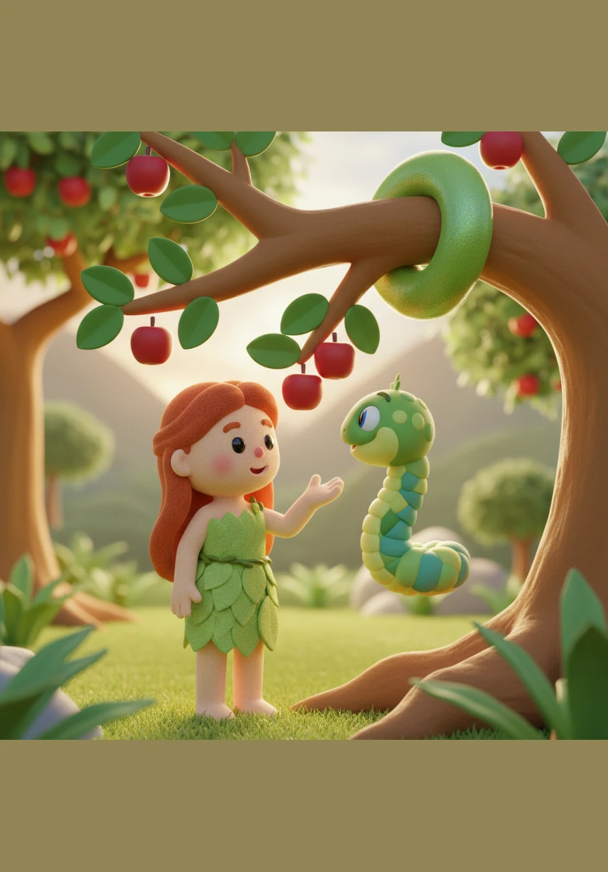 A clever serpent rests among the branches of the forbidden tree, its scales shimmering with an iridescent sheen. It speaks to Eve in hushed, persuasive tones, questioning the rules of the garden and promising hidden wisdom. Eve listens, her curiosity piqued by the mysterious fruit hanging just within reach.