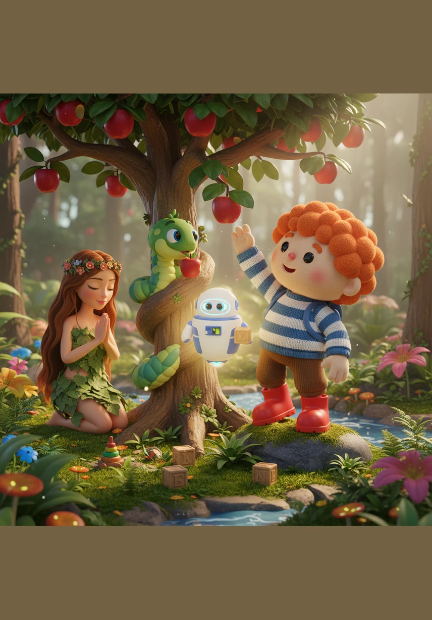 Driven by a desire to know more, Eve reaches out and plucks the fruit, taking a fateful bite before sharing it with Adam. In that moment, the vibrant colors of the garden seem to shift, and a new, heavy awareness settles over their hearts. The innocence they once knew begins to fade like a setting sun.