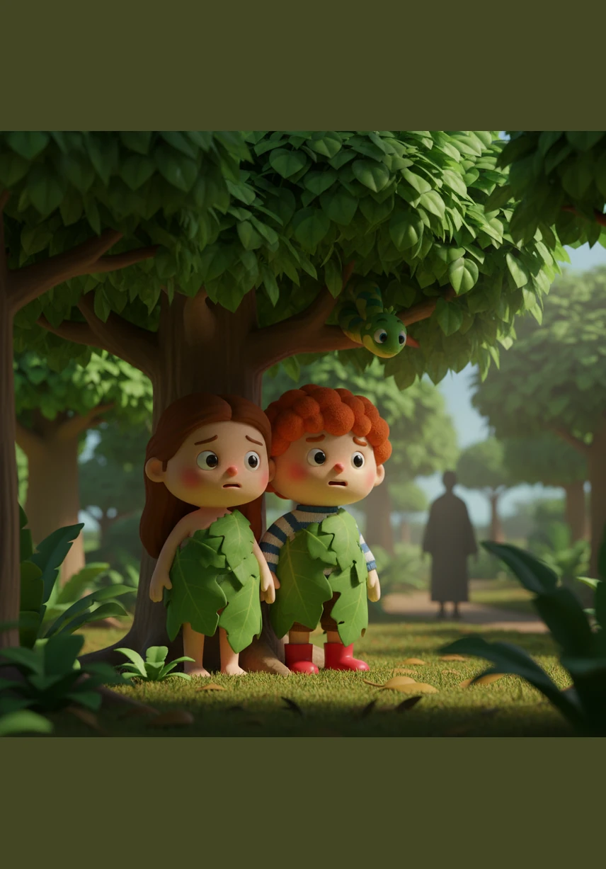 For the first time, Adam and Eve feel a sense of vulnerability and shame, realizing they are unclothed. They quickly gather large green fig leaves to cover themselves and hide among the thick shadows of the trees. When they hear the sound of the Creator walking in the garden, they tremble with a fear they have never felt before.