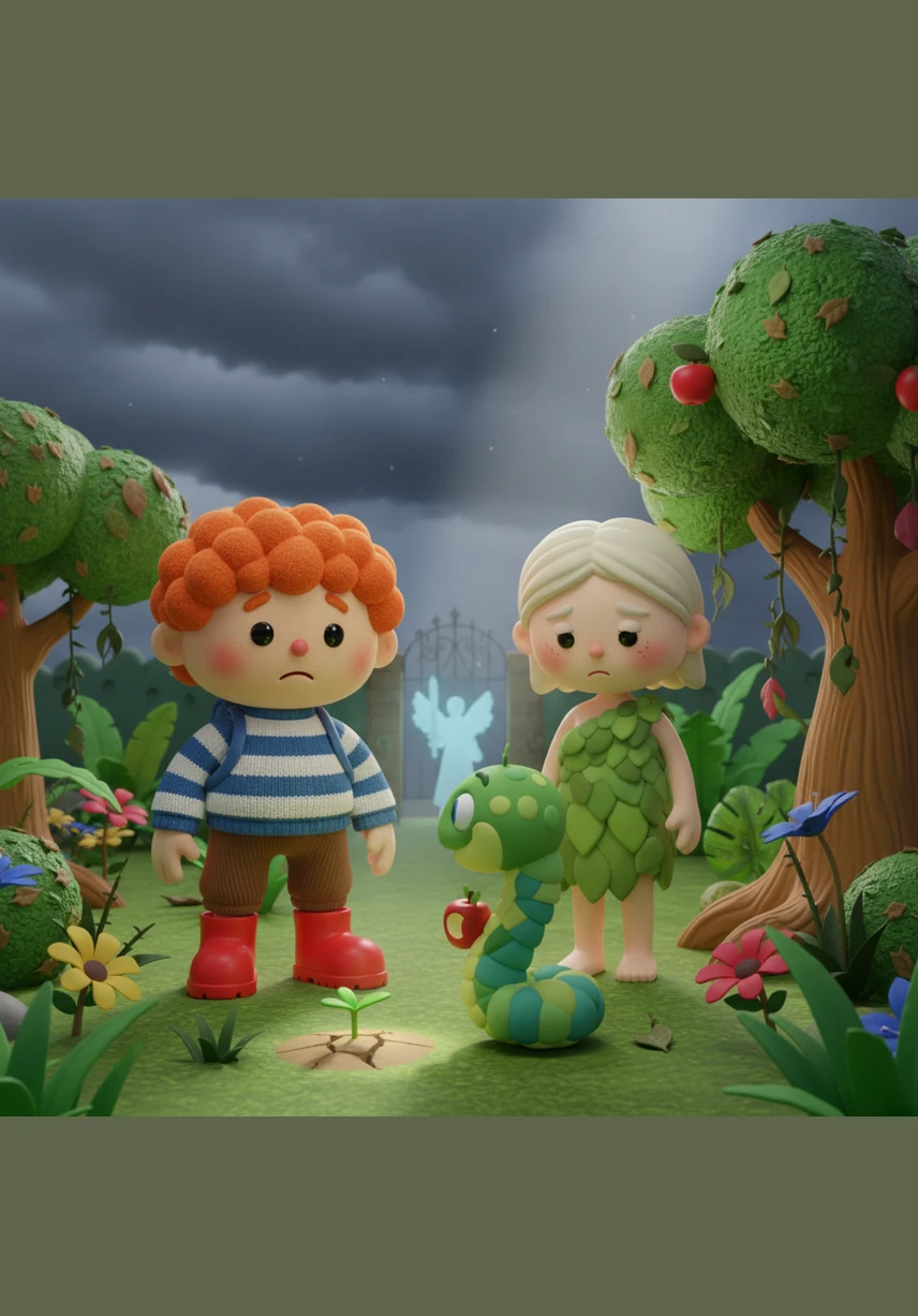 The truth is revealed, and the peace of the garden is broken as the consequences of their choice are spoken. They learn that life will now be filled with toil and challenges, and their time in the perfect paradise must come to an end. Yet, even in this somber moment, there is a glimmer of hope for the future.