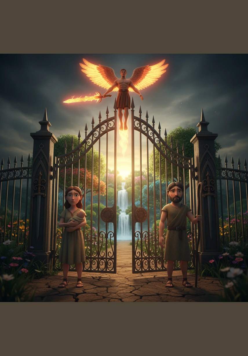 As the massive gates of Eden close behind them, Adam and Eve step out into a vast and untamed wilderness. Though the path ahead is uncertain and difficult, they walk together, ready to build a new life and start the long history of humanity. The sun rises over the horizon, lighting the way for their new journey.
