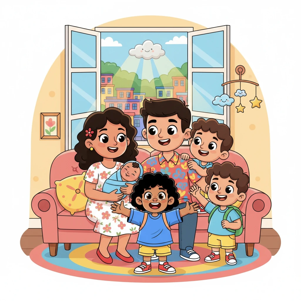 In the vibrant city of Caracas, Venezuela, a cheerful baby named Juan was born into a loving family. His mother, father, older brother Carlos, and younger brother Rodrigo surrounded him with joy, making their home a happy place. Though a tiny grey cloud sometimes drifted quietly above the city, the family's laughter always shone brighter.