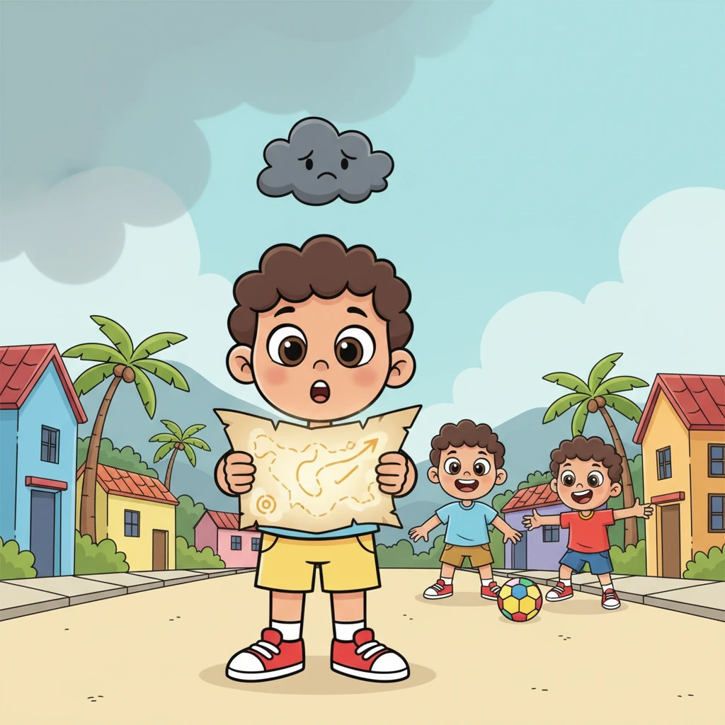 As Juan grew up in Maracay, he often felt a little cloud of worry due to the challenging times in his homeland. He loved playing with his brothers, but his heart yearned for a world full of sunshine and exciting adventures. One day, a shimmering, magical map appeared in his hand, gently pointing towards a faraway land.