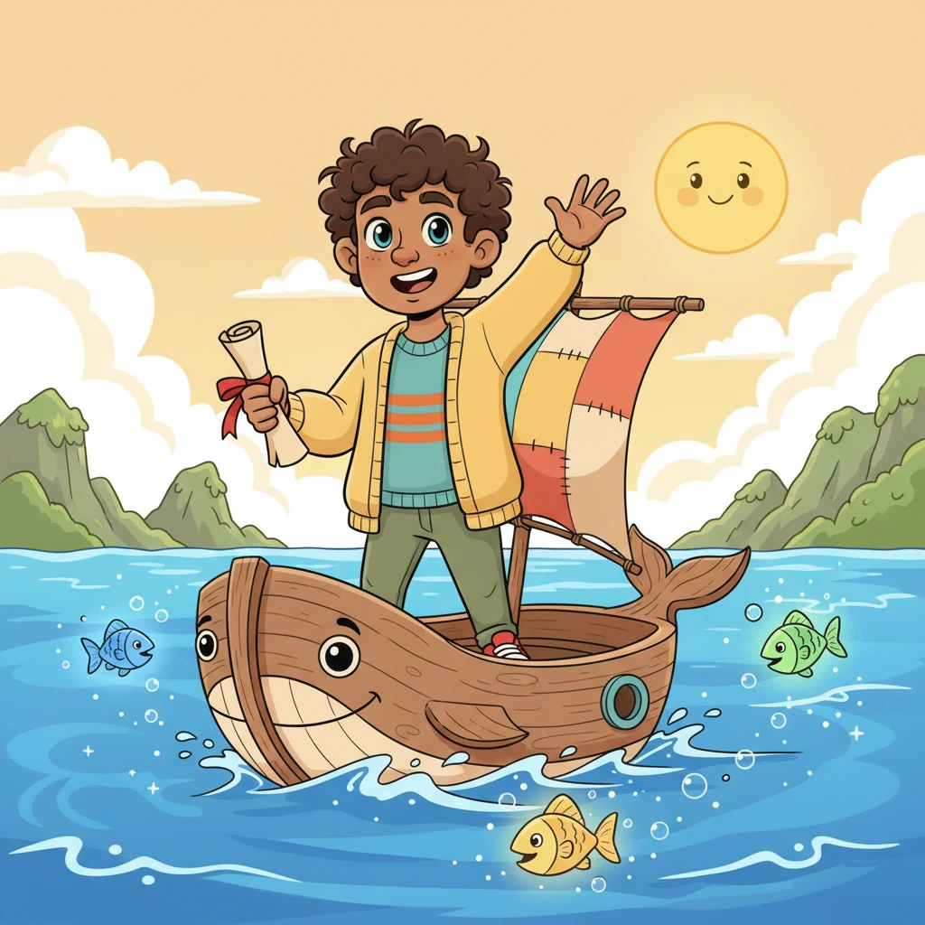 With a brave spirit and the magical map as his guide, young Juan embarked on a grand journey across the sparkling blue sea. He waved goodbye to his family, promising to find a brighter future. Playful, glowing fish leaped around his whimsical boat, leading him towards the sunny Canary Islands.