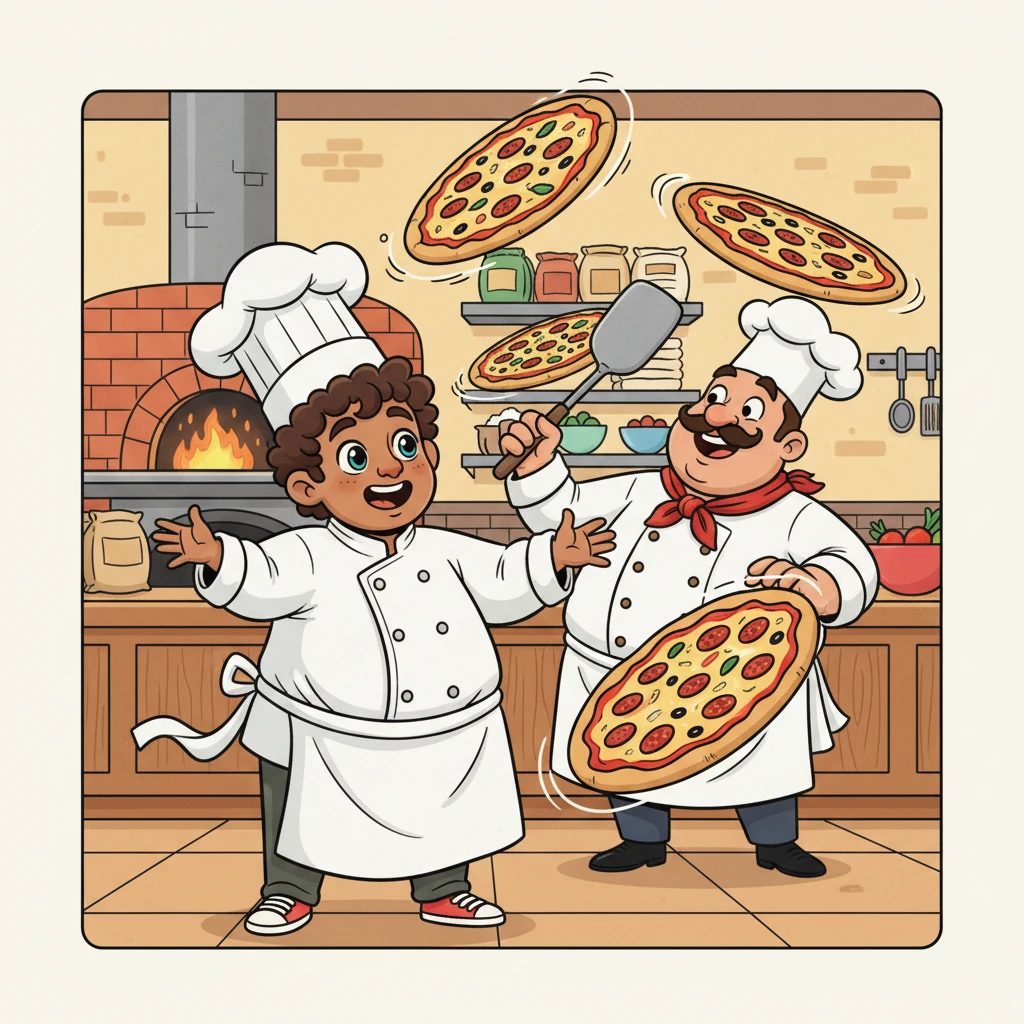Juan arrived in Tenerife, full of hope, but finding work was tricky! He tried to impress with a comically oversized, fancy suit for interviews, but it didn't quite work out. He even tried his hand at a pizza parlor, but the pizzas spun and flew like magical frisbees, much to the amusement of the chef.