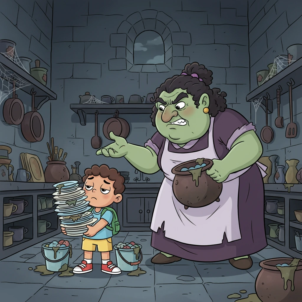 Next, Juan found himself working for a grumpy, green-skinned Ogress who lived in a dark, dreary castle. She piled him with impossible tasks and paid him very little, making his days long and tiring. Juan felt trapped, like a little bird in a giant, gloomy cage.