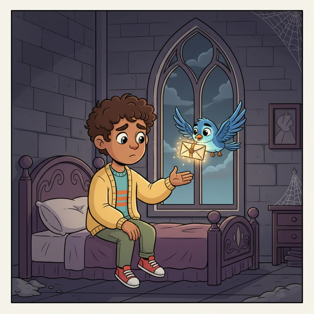 Four long years passed, and Juan felt his spirits dimming in the Ogress's gloomy castle. But then, a tiny, brave bird flew through his window, carrying a shimmering letter from his dear mother. The letter glowed with love and contained a secret, magical escape plan!