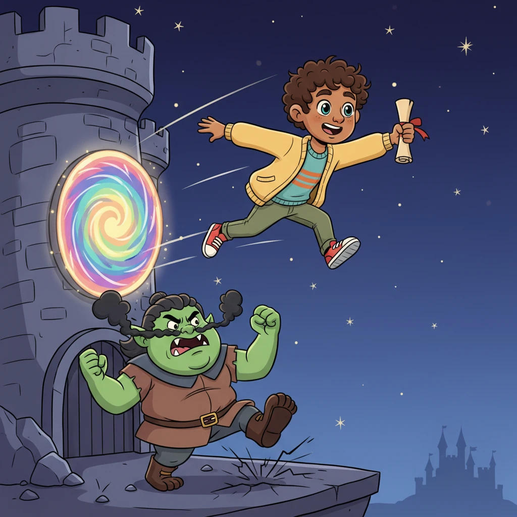 With renewed hope and the magical plan in hand, Juan bravely outsmarted the Ogress. He used a hidden, rainbow-colored portal to zip out of her castle, leaving her fuming and stomping her feet. He soared across the sky, guided by the stars, towards a brand new adventure in Hungary.