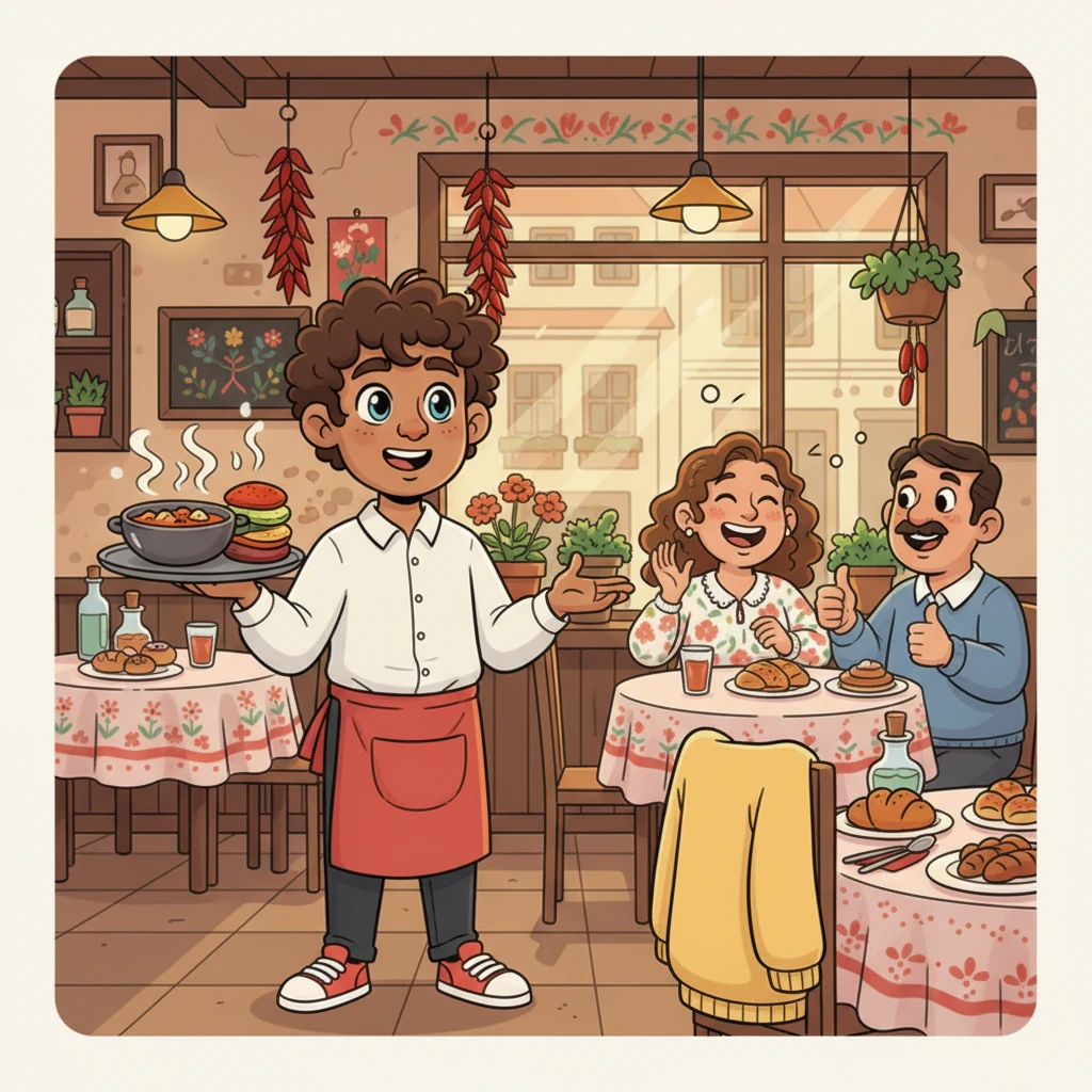 Juan landed gently in the colorful country of Hungary, a bit disheveled but with a sparkle in his eyes. He started a new life, working as a waiter in a cozy, bustling restaurant. The friendly customers and delicious smells filled him with new energy and purpose.
