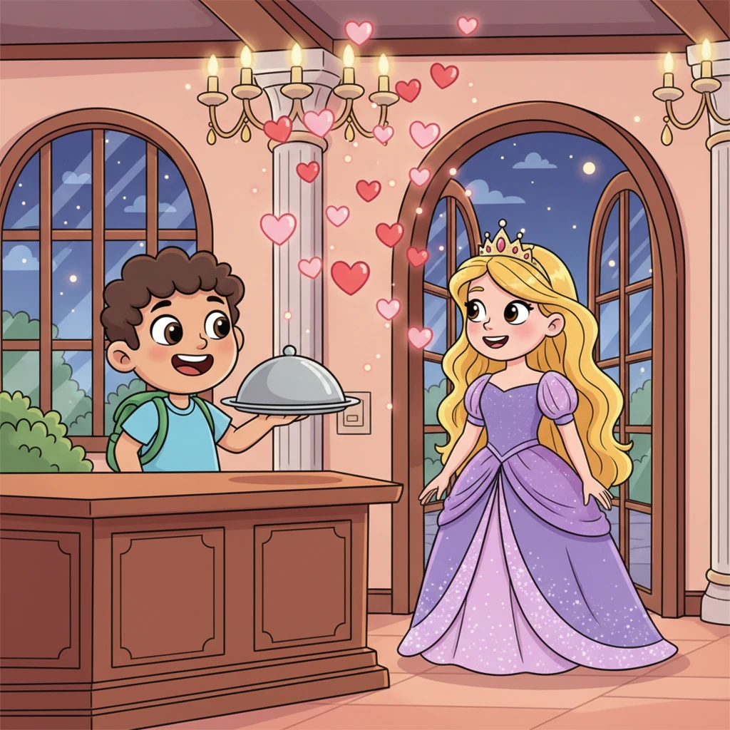 Juan worked hard, always with a smile, and soon he grew more confident and skilled. He found a wonderful new job in a magnificent restaurant, where one magical evening, a radiant princess with a kind heart and a dazzling smile walked in. Their eyes met, and a shower of tiny, glowing hearts filled the air.