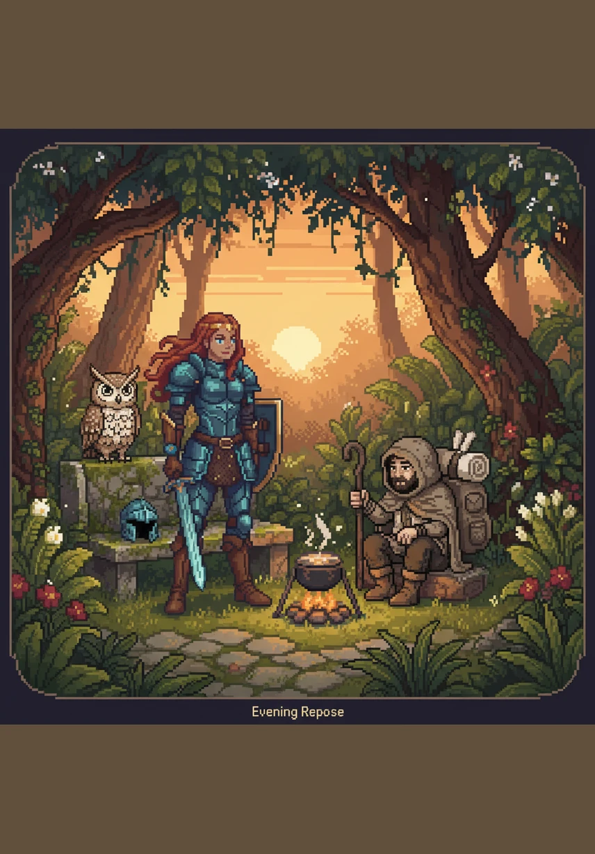 Elara stands in a lush garden, holding a delicate book of proverbs with floral patterns on the cover. The scene is framed by soft botanical vines and light geometric accents, inviting a sense of peace.