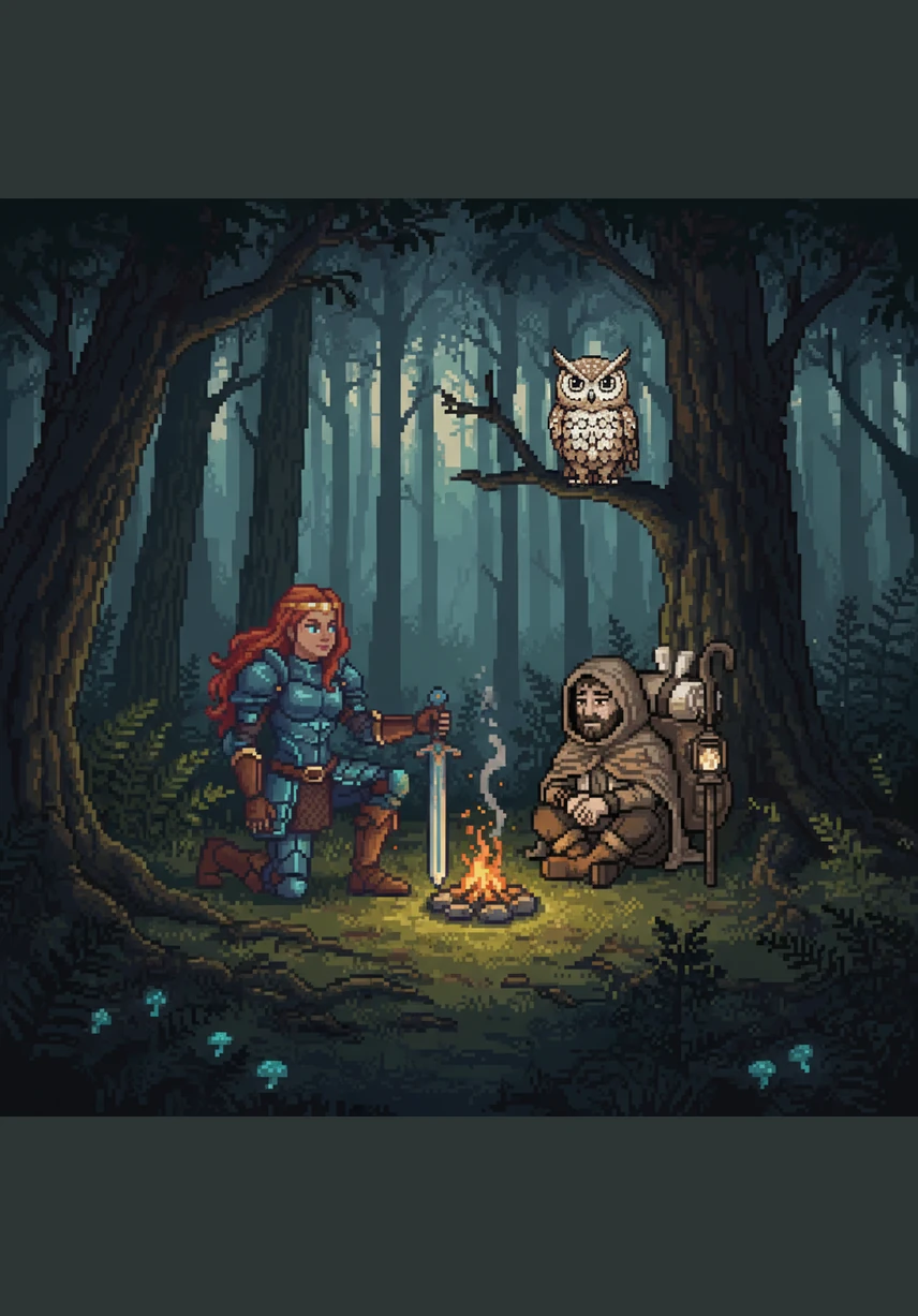 Elara stops to gently free a small bird caught in a tangle of wildflowers. This moment of kindness is captured with elegant, simple lines that emphasize her gentle touch and the bird's fragile wings.