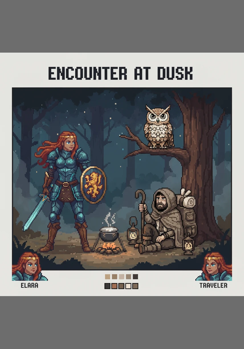 An ancient owl perches on a branch adorned with delicate leaves, looking down at Elara with knowing eyes. The surrounding frame is filled with soft floral patterns that mirror the wisdom in the owl's gaze.