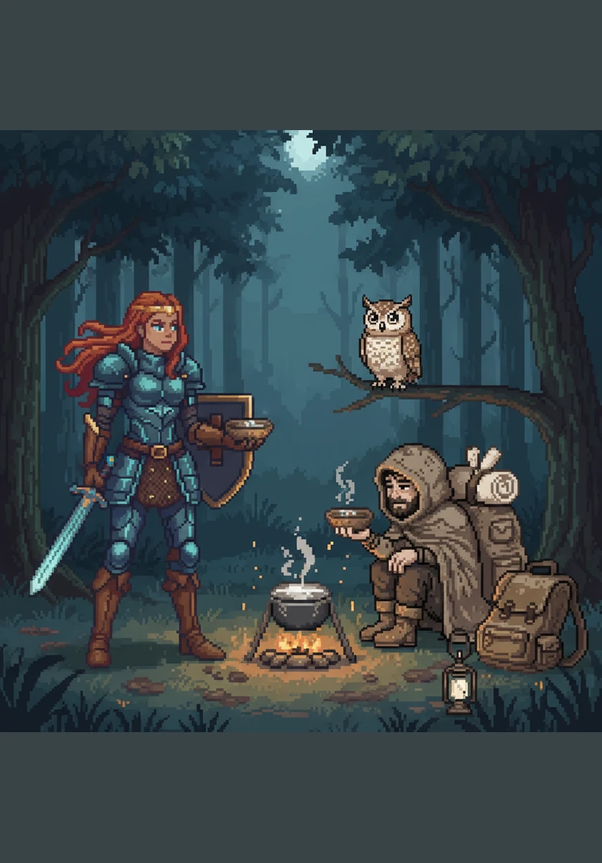 Meeting a weary traveler, Elara offers a cup of cool water from a simple pitcher. The background features light, airy trees and open spaces that represent the refreshing nature of a generous heart.