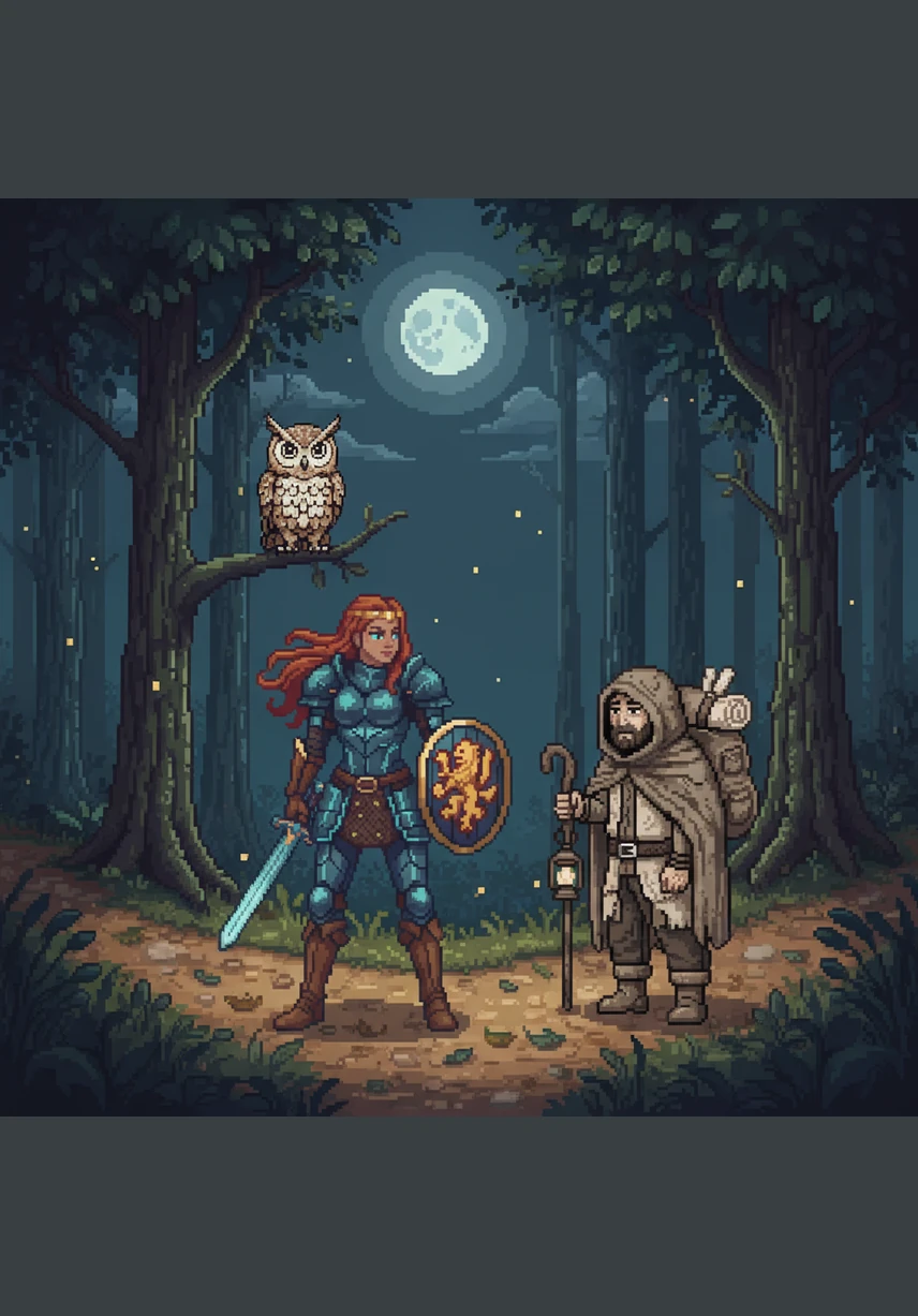 At a crossroads, Elara looks toward a path of quiet beauty instead of a flashy, overgrown trail. The scene emphasizes balance and soft symmetry, showing her choice to follow the steady way of truth.