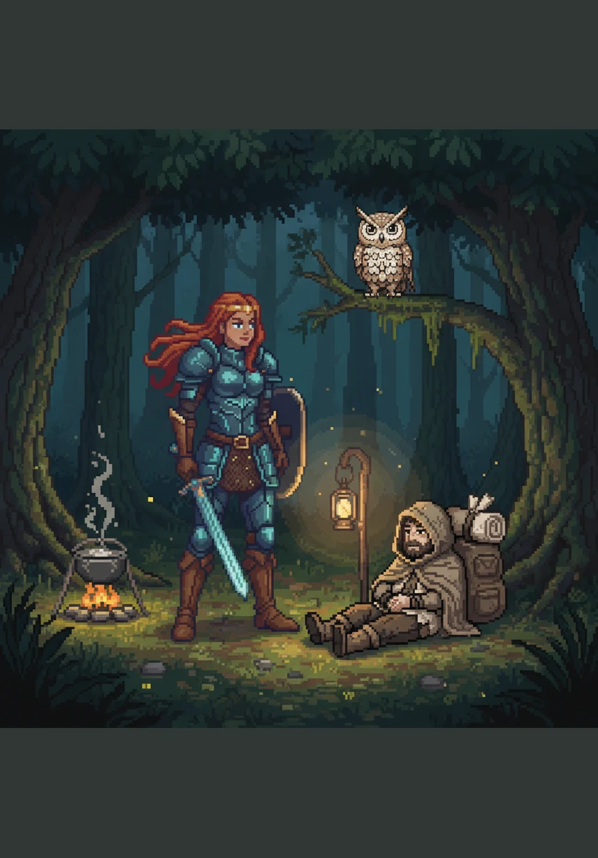 She arrives at a sparkling fountain where the water flows like a ribbon of light. The botanical framing around the fountain creates a peaceful, meditative atmosphere as she reflects on the wellspring of life.