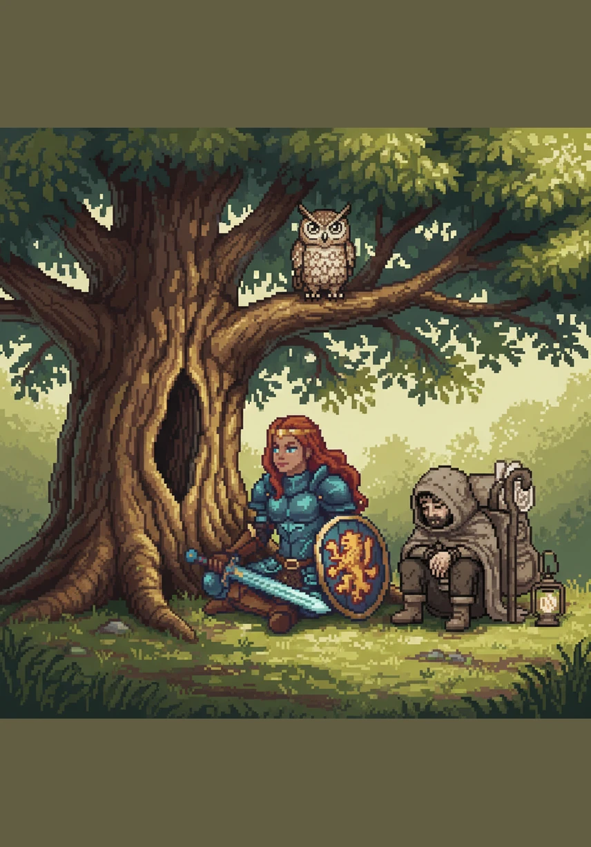 Resting beneath a massive oak tree, Elara studies the intricate patterns of the bark and leaves. The illustration focuses on the strength and detail of the natural world, symbolizing the roots of a diligent life.