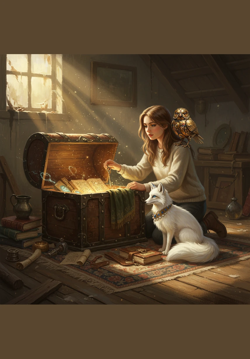 While exploring her attic, Eva discovered a dusty, leather-bound book filled with sketches of vibrant green leaves and golden fields. Between the pages lay a small, tarnished silver key that felt strangely warm to the touch. She knew this was a sign that the legends of the Sun Heart were more than just bedtime stories.