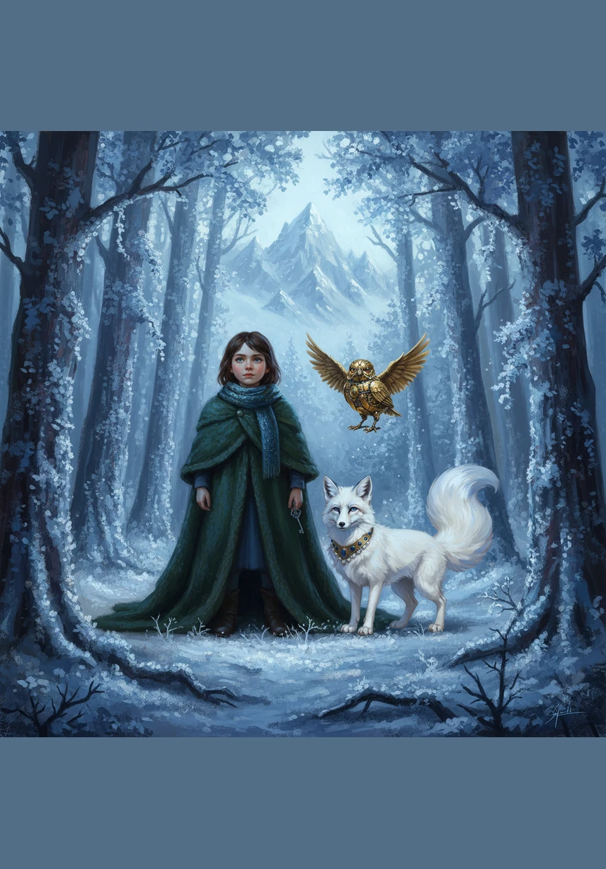 The clockwork bird took flight, leading Eva toward the Great Northern Peaks where the frost was thickest. She wrapped her heavy wool cloak tightly around her and stepped into the sapphire shadows of the ancient forest. The trees were tall and silent, draped in veils of shimmering ice that looked like frozen lace.