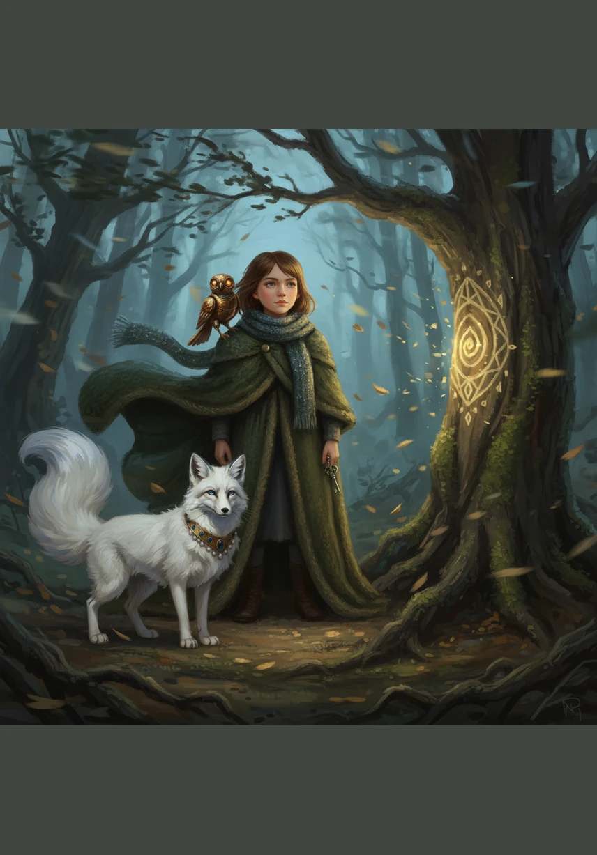 The fox gifted Eva a scarf woven from captured starlight to protect her from the biting winds. As she wrapped it around her neck, a gentle glow radiated from the fabric, pushing back the darkness of the woods. With her mechanical bird and her new fox friend, Eva felt a surge of newfound courage.