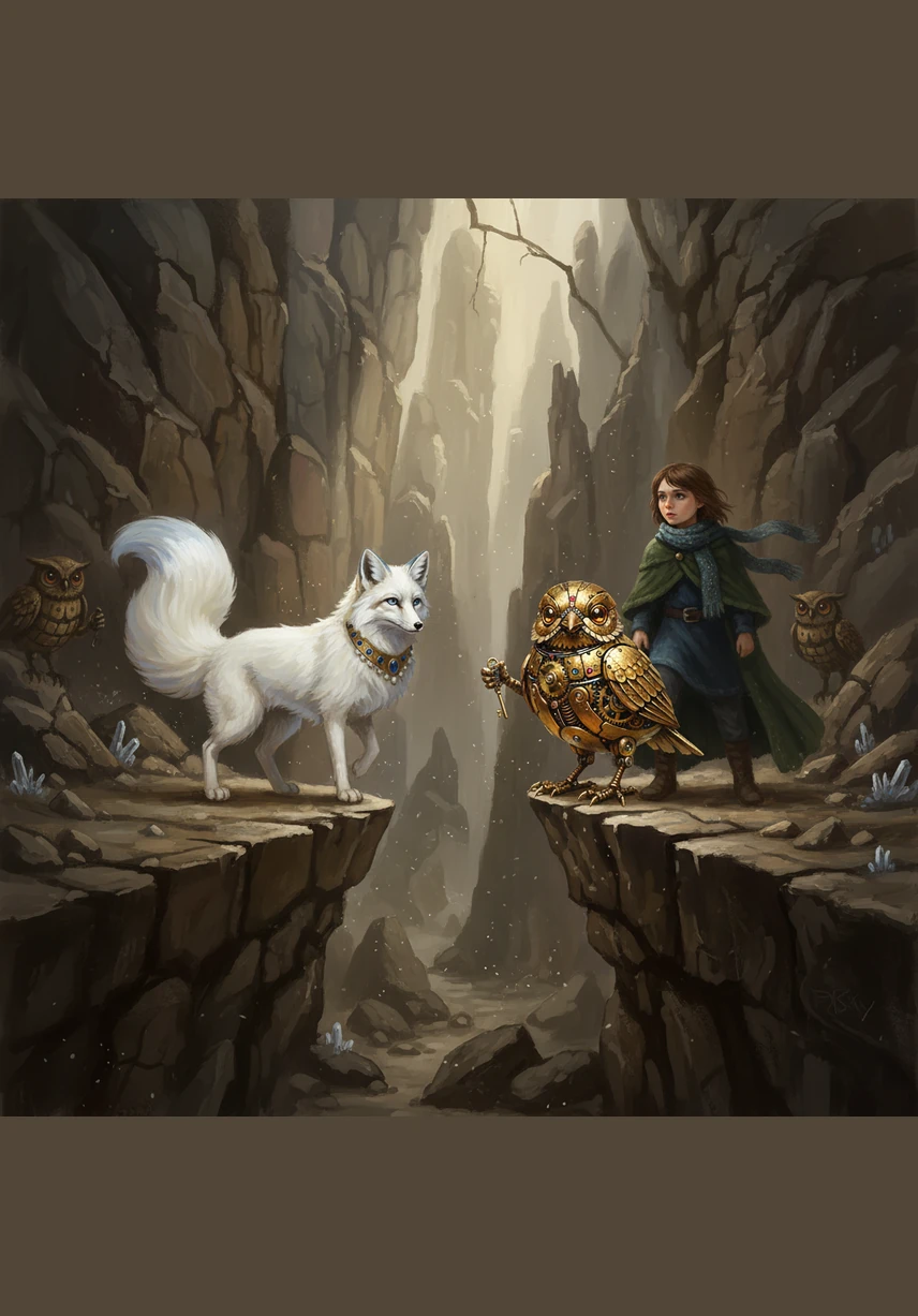 They reached the Chasm of Echoes, a deep canyon bridged only by a narrow arch of translucent blue ice. The wind howled through the gap, threatening to sweep them into the misty depths below. Eva took a deep breath, focusing on the warmth of the silver key in her pocket, and stepped carefully across the slippery path.