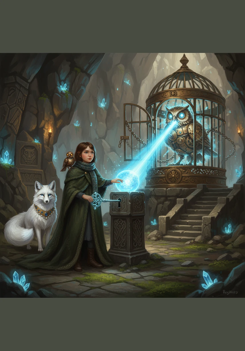 A sudden blizzard roared across the mountainside, turning the world into a chaotic swirl of blinding white. Eva and her companions found refuge in a hidden cave lined with glowing amethyst crystals. The cave walls were covered in ancient paintings showing a girl holding a golden flower that radiated light.