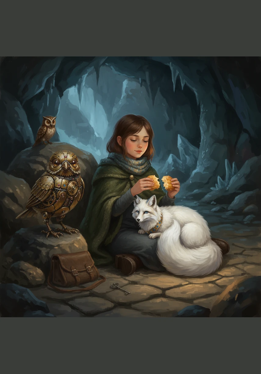 Inside the cave, Eva shared her last piece of honey-bread with the fox and the mechanical bird. Even in the cold, their friendship created a sense of warmth that the winter could not touch. She realized that the journey was not just about finding the sun, but about the light they carried within themselves.