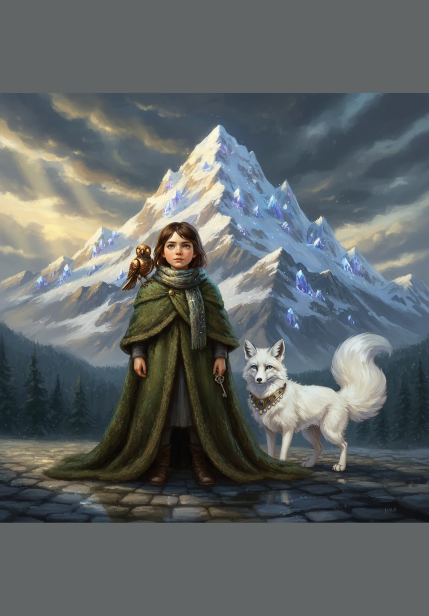 When the storm cleared, they stood before the base of the Crystal Mountain, which pierced the sky like a giant diamond. The air was so cold it felt brittle, and every breath Eva took turned into a cloud of sparkling frost. At the very top, a single golden light flickered, beckoning her to climb higher.