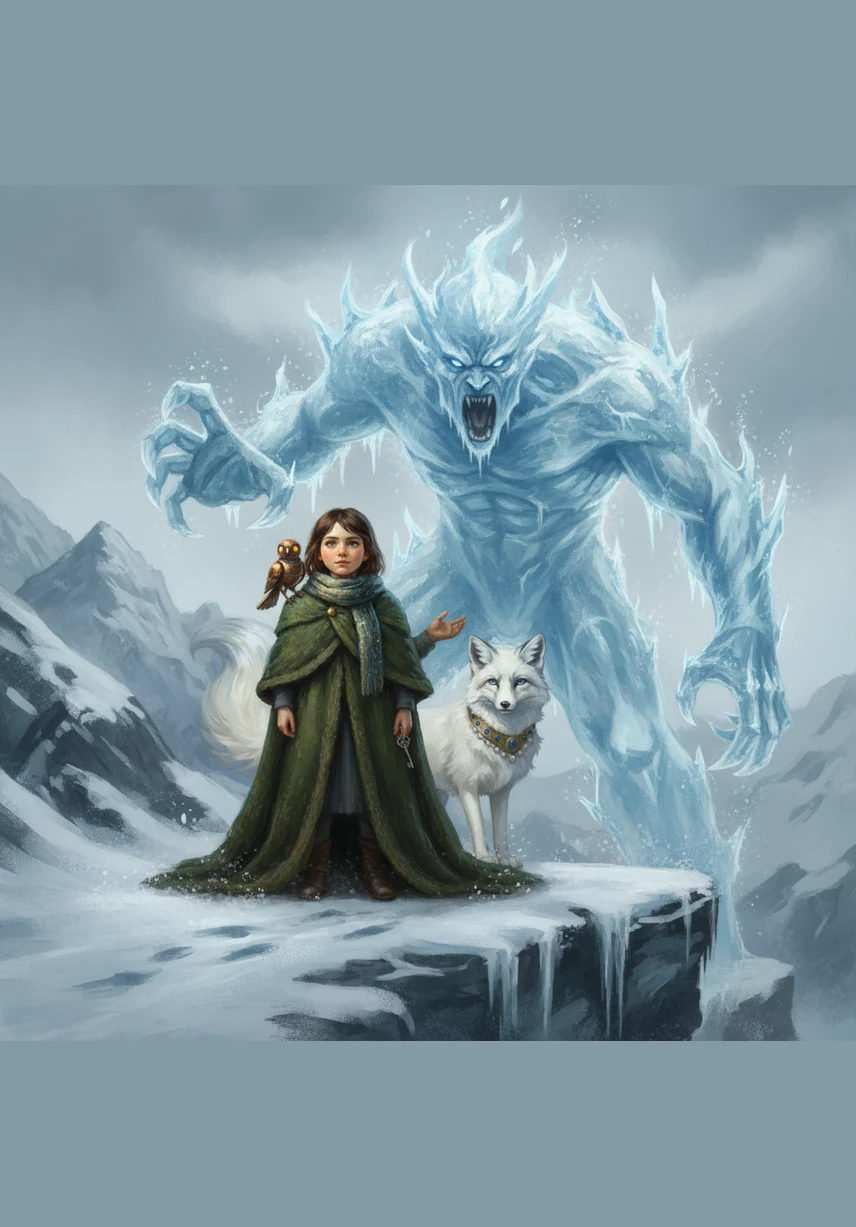 Halfway up the mountain, they met the Frost Keeper, a giant spirit made of swirling snow and jagged icicles. He roared, demanding to know why a child of the valley dared to enter the realm of eternal ice. Eva stepped forward, not with a weapon, but with a smile and a gesture of peace.