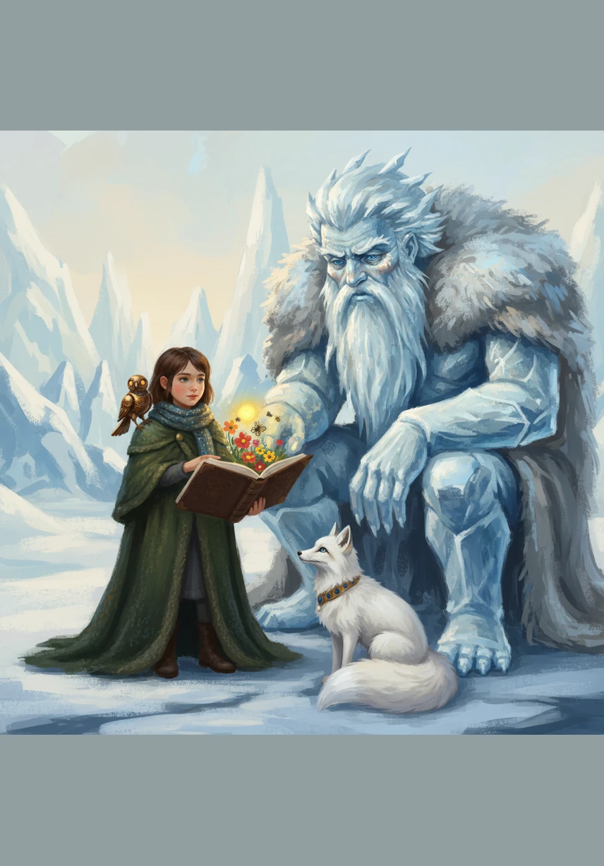 She showed the Frost Keeper the drawings in her book, explaining how much her village missed the warmth of the sun. The giant’s icy eyes softened as he looked at the pictures of flowers and butterflies. He realized that the world had been cold for far too long and decided to help the young traveler.