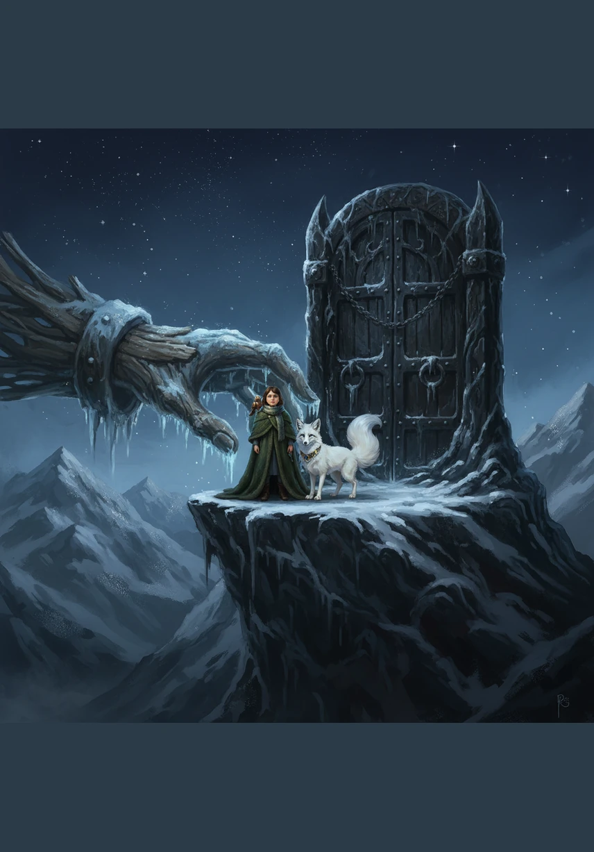 The Frost Keeper reached out a massive hand and gently lifted Eva and the fox to the highest ledge of the mountain. Above them, the stars seemed close enough to touch, and the air grew strangely still. They stood before a massive door made of frozen iron, locked by layers of thick, black ice.