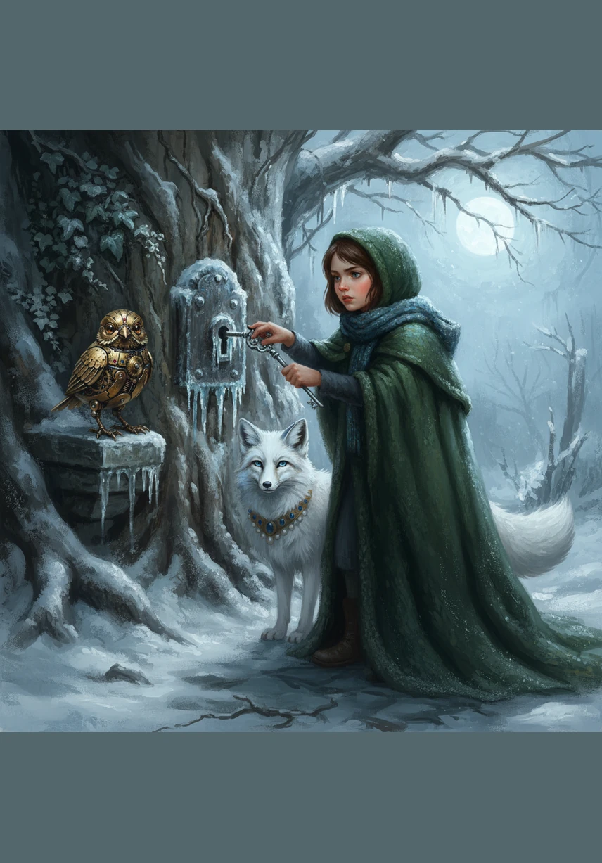 Eva tried to turn the silver key in the lock, but the ice was too thick to move. She remembered her grandmother's words: 'The heart of the world only opens to the music of life.' She began to sing a soft, lilting melody about the return of the birds and the blooming of the meadows.