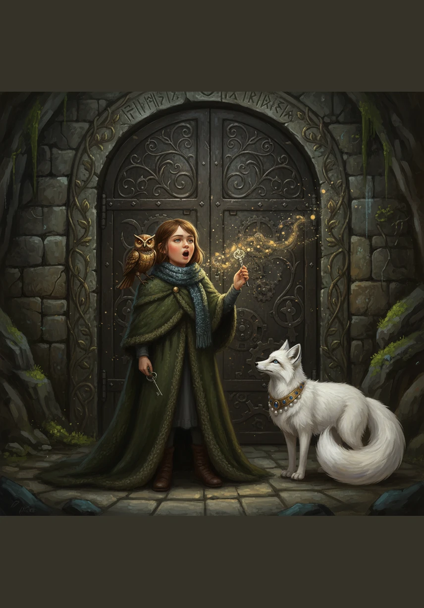 As she sang, her mechanical bird joined in with a high, clear whistle, and the starlight scarf glowed brighter than ever. The black ice began to crack and groan, melting away into shimmering droplets of water. The heavy iron door slowly swung open, revealing a chamber filled with a soft, golden radiance.