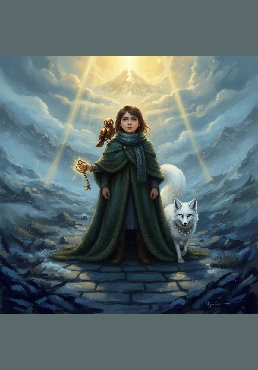 The golden light flowed down the mountainside like a river, turning the blue shadows into shades of green and gold. Beneath the snow, ancient seeds began to stir, and the frozen rivers started to sing as the ice broke apart. The fox let out a joyful bark, and the mechanical bird soared in circles through the warming air.