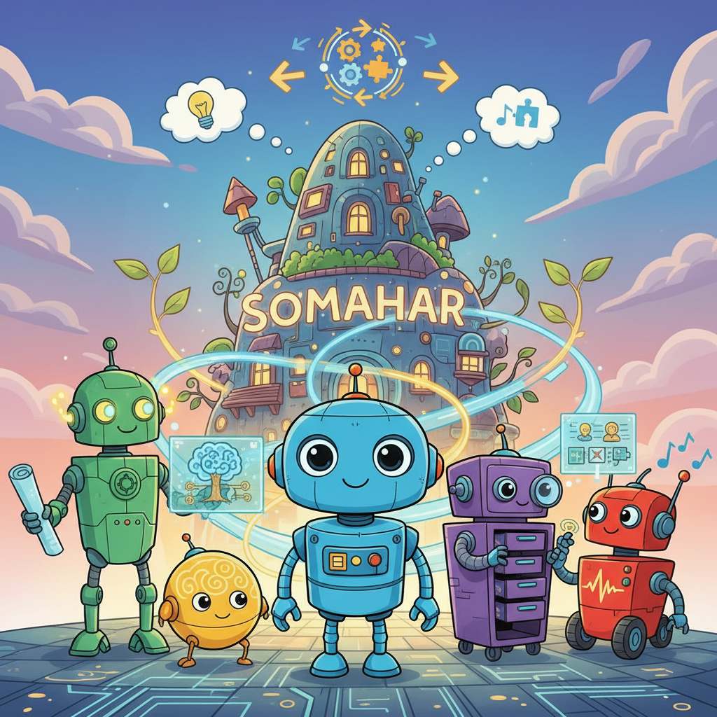 He met other chatbots, each with their unique skills. Together, they worked as a team, using their combined knowledge to improve SOMAHAR and help the business grow. They learned the power of teamwork.