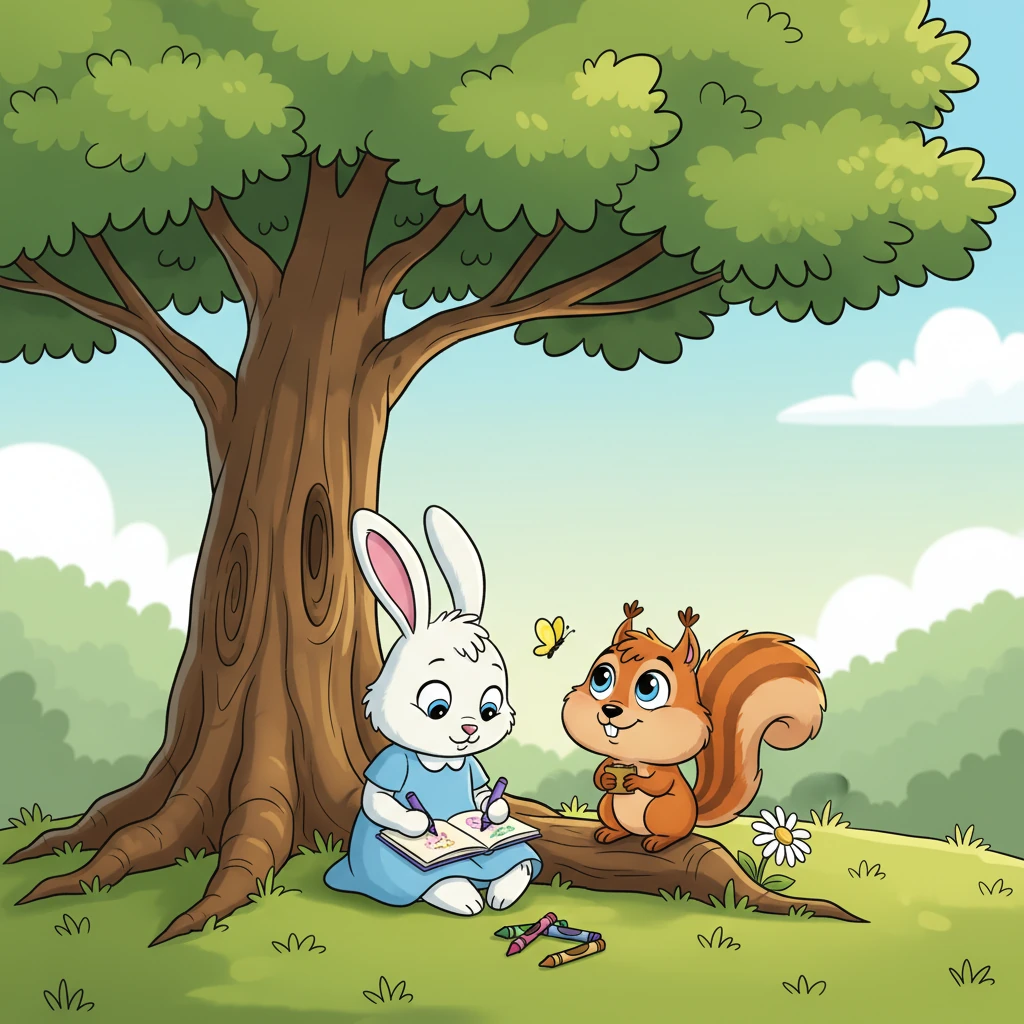 Gus the squirrel, with big, hopeful eyes, watched Lily the bunny drawing in her sketchbook under a big, sunny oak tree. His cheeks were puffed out, and his tail twitched with excitement. He thought Lily was the smartest, kindest bunny in the whole forest.