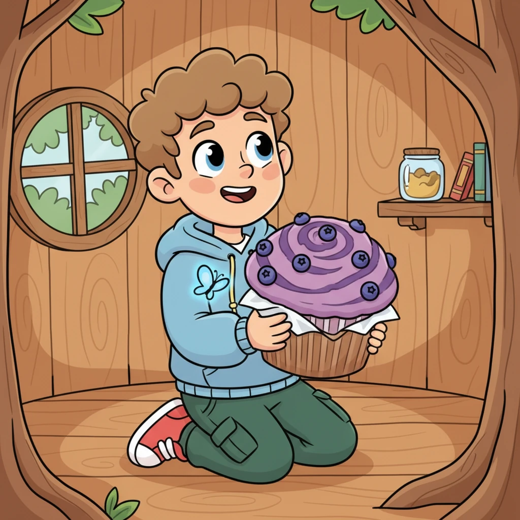 In his tiny treehouse, Gus carefully unwrapped a giant, swirly blueberry muffin, his favorite treat. He imagined sharing it with someone special, his heart fluttering like a butterfly. He really wanted to share this delicious masterpiece with Lily.