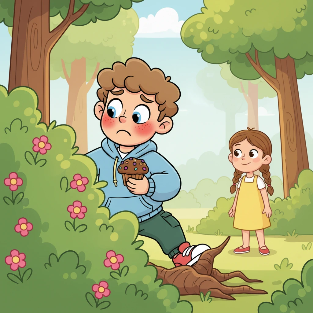 Gus gathered all his courage and tiptoed towards Lily, muffin in hand, but his knees turned to jelly. Just as he was about to say hello, he tripped over a root and tumbled behind a giggle-bush, peeking out shyly. He felt his cheeks burn bright red.